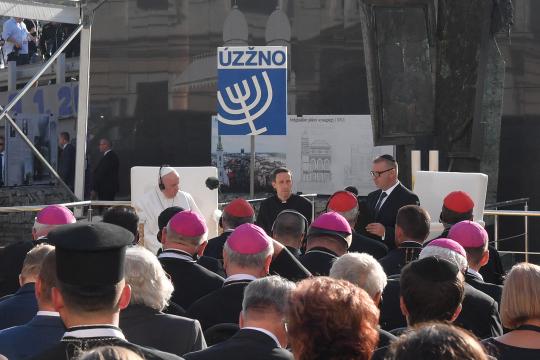 Pope Francis meets the Jewish community at the Rybne namestie square in Bratislava, Slovakia, on September 13, 2021. The Pope is on a four-day visit in Slovakia, where he will meet with Holocaust survivors and members of the Roma community. 