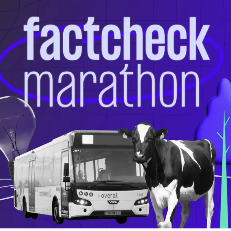 visual van koe en bus regen blauwe achtergrond met de tekst Factcheckmarathon