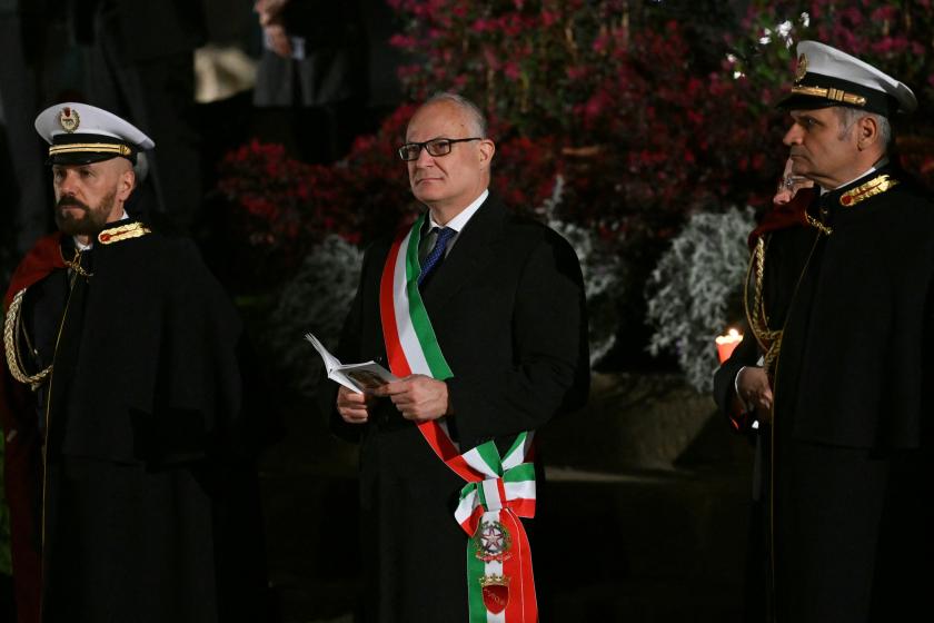 Rome's mayor Roberto Gualtieri attends the Way of the Cross (Via Crucis) at the Colosseum as part of the Holy Week celebrations, on March 29, 2024 in Rome. Pope Francis pulled out of Friday's Way of the Cross ceremony at the last minute, with the Vatican saying he wanted to "preserve his health" ahead of other Easter events this weekend. "To preserve his health ahead of tomorrow's vigil and the Easter Sunday mass, Pope Francis will this evening follow the Way of the Cross at the Coliseum from the Saint Mart