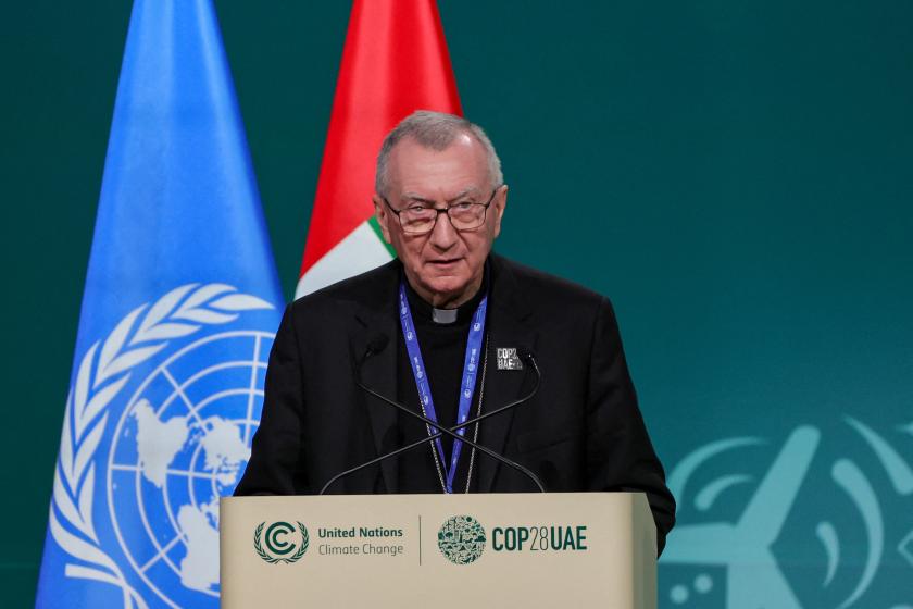 Vatican's Secretary of State Cardinal Pietro Parolin speaks during the High-Level Segment for Heads of State and Government session at the United Nations climate summit in Dubai on December 2, 2023. The COP28 conference opened on December 1 with an early victory as nations agreed to launch a "loss and damage" fund for vulnerable countries devastated by natural disasters. Giuseppe CACACE / AFP