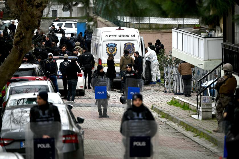 Turkish forensic police stand in front of Santa Maria church after an attack, in Istanbul, on January 28, 2024. Two assailants launched an armed attack on an Italian church in Istanbul during a religious ceremony on January 28, 2024, leaving one person dead, Turkey's interior minister said. OZAN KOSE / Afp