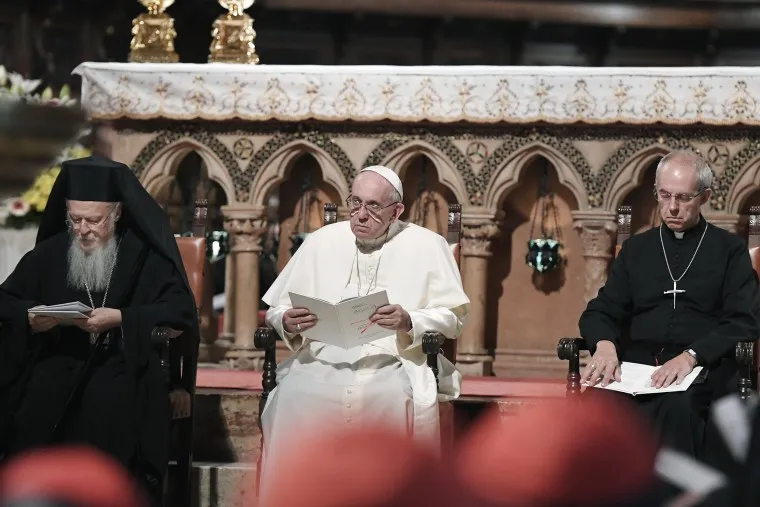Paus Franciscus, de Anglicaanse aartsbisschop Justin Welby en de oosters-orthodoxe patriarch Bartholomeus