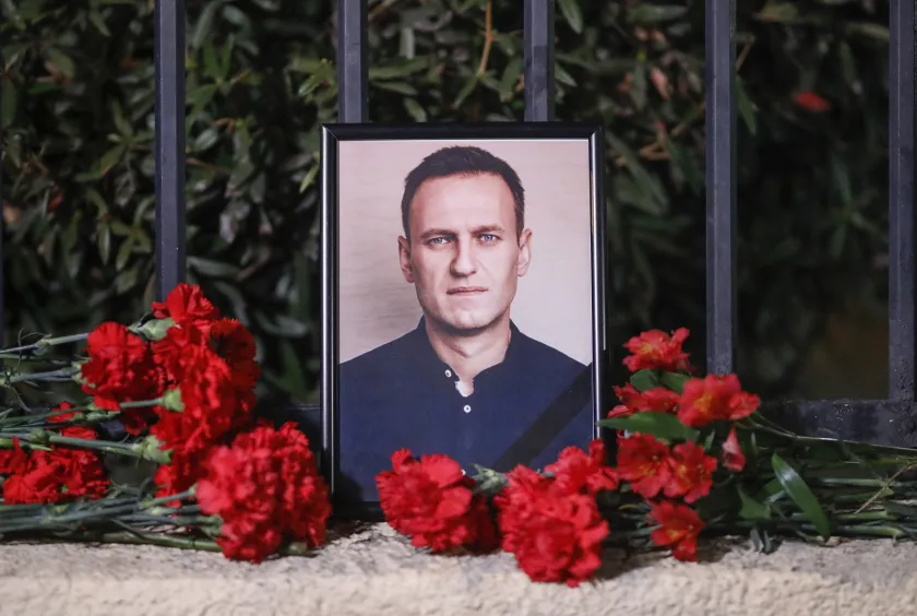Flowers lay near a portrait of Russian late opposition leader Alexei Navalny in front of the Russian embassy, in Tbilisi, Georgia, 16 February 2024. Russian opposition leader and outspoken Kremlin critic Alexey Navalny has died aged 47 in a penal colony, the Federal Penitentiary Service of the Yamalo-Nenets Autonomous District announced on 16 February 2024. A prison service statement said that Navalny 'felt unwell' after a walk on 16 February, and it was investigating the causes of his death. Late last year