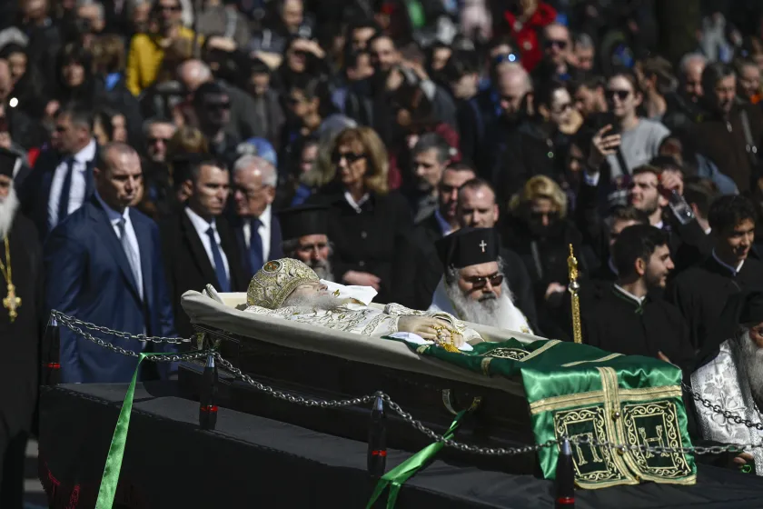 Officials follow the coffin of the late Patriarch Neophyte of Bulgaria's Orthodox Church, during a funeral procession from the golden-domed "Alexander Nevski" cathedral to his burial place in the "St. Nedelya", in Sofia, on March 16, 2024. Bulgaria bid its last farewell to its Christian Orthodox religious leader Patriarch Neophyte, who died on March 13 at the age of 78. Nikolay DOYCHINOV / AFP