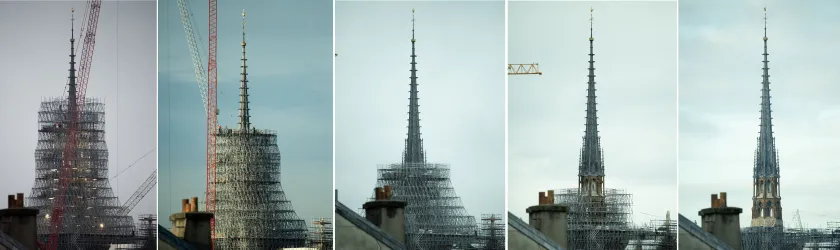 This combination of five images taken (From L) on February 14, 2024, February 15, 2024, March 2, 2024, March 9, 2024 and March 18, 2024 show the dismantling of the scaffolding surrounding the new spire of the Notre-Dame cathedral in Paris. The scaffolding around the spire of Paris's Notre-Dame cathedral has begun to come down, the authority charged with restoring the monument after a devastating 2019 fire said, and should be entirely visible by the time the Olympic Summer Games open in the French capital on