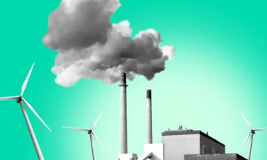 Een fabriek met rokende schoorstenen en windmolens tegen een groene achtergrond